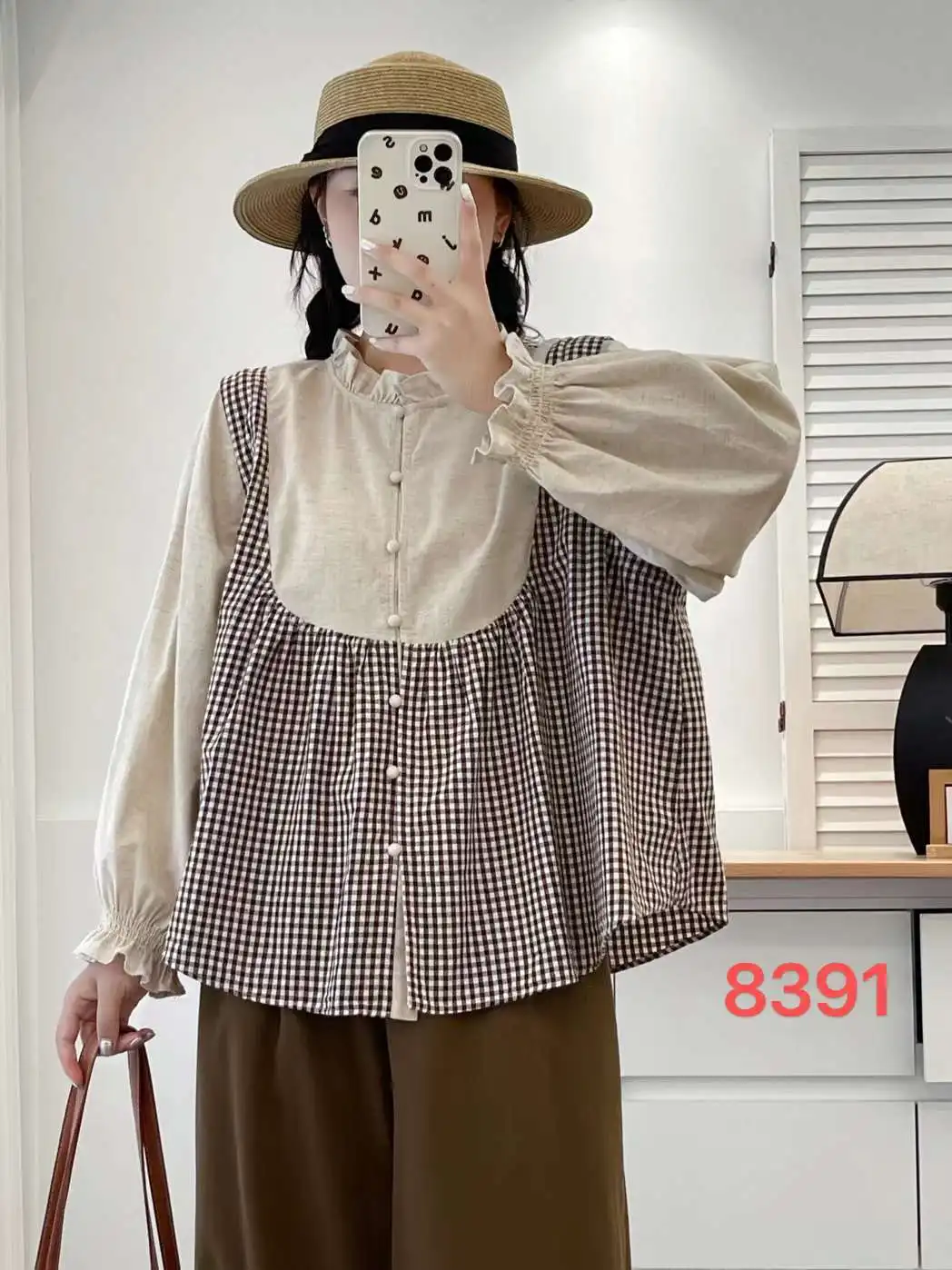 New Summer Cotton Long Sleeve Shirt, Women O Neck Houndstooth Tops, Mori Girl Casual Loose Sweet Blouses, 2024 Autumn T48121QC