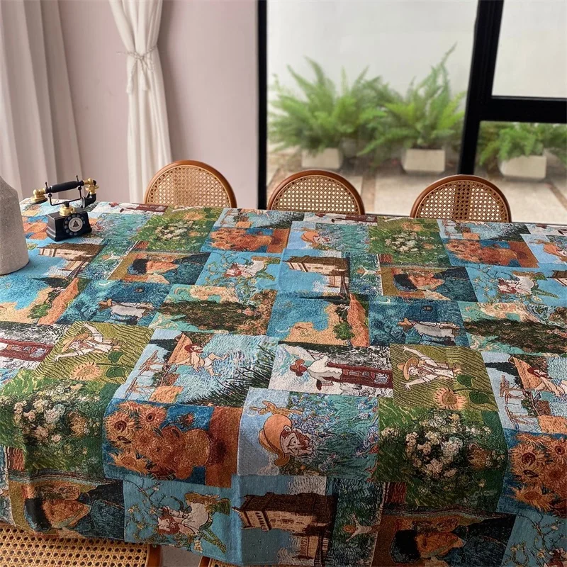 

Van Gogh oil painting style tablecloth blue Mediterranean cotton and linen decorative cover cloth tablecloth dining tab