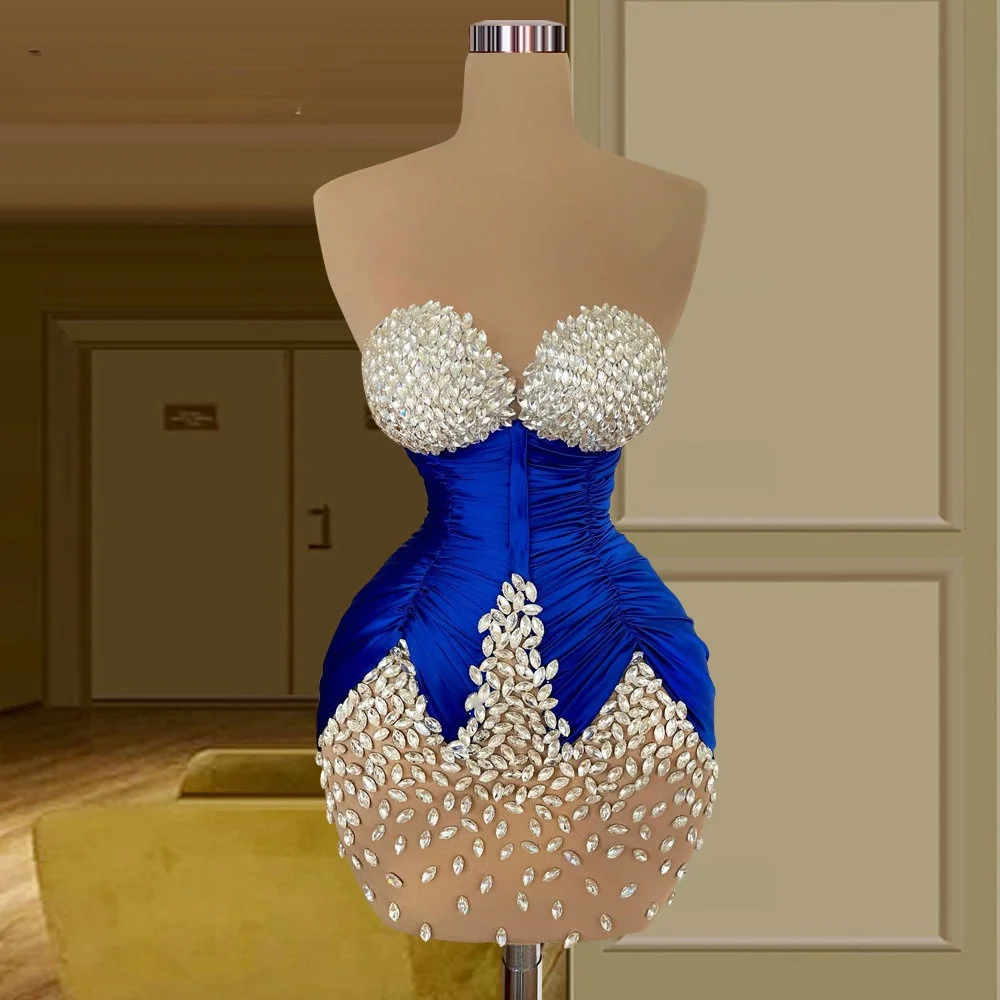 

Short Royal Blue Prom Dresses Embellished with Crystals Sweetheart Neckline Sleeveless Homecoming & Graduation Party Gowns
