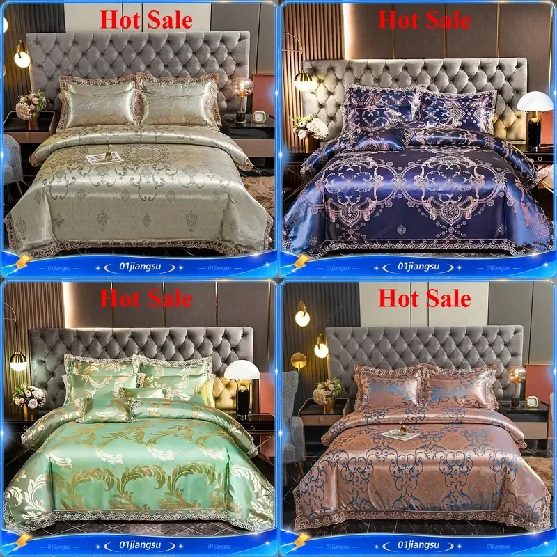 European Satin Jacquard 4 Piece Bedding Set Polished Lace Quilt Cover Sheet High End Luxury Bed Linen Kit Home Textile Decor