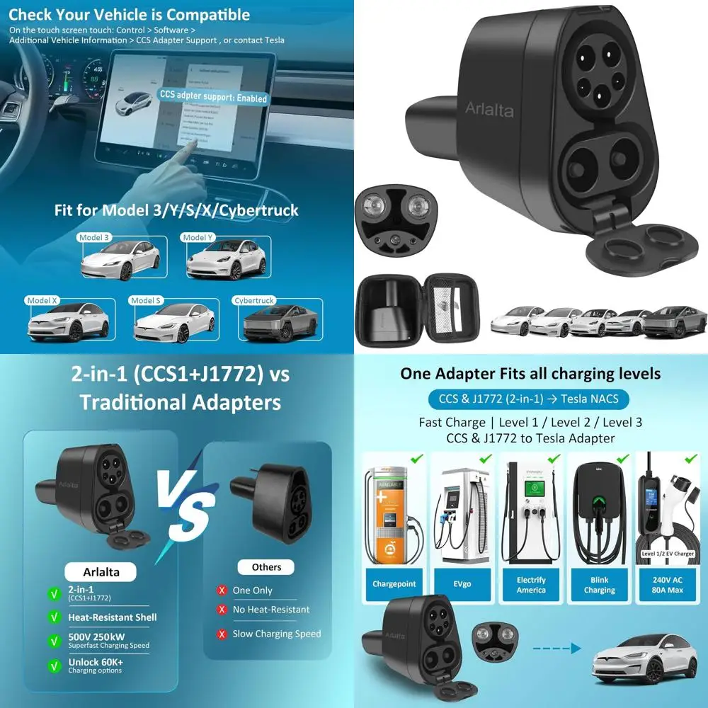 

Адаптер 2 в 1 CCS и J1772 к Tesla, быстрый адаптер CCS1 на 250 кВт для зарядки модели Y 3 S X Cybertruck в J1772 и CCS с зарядкой