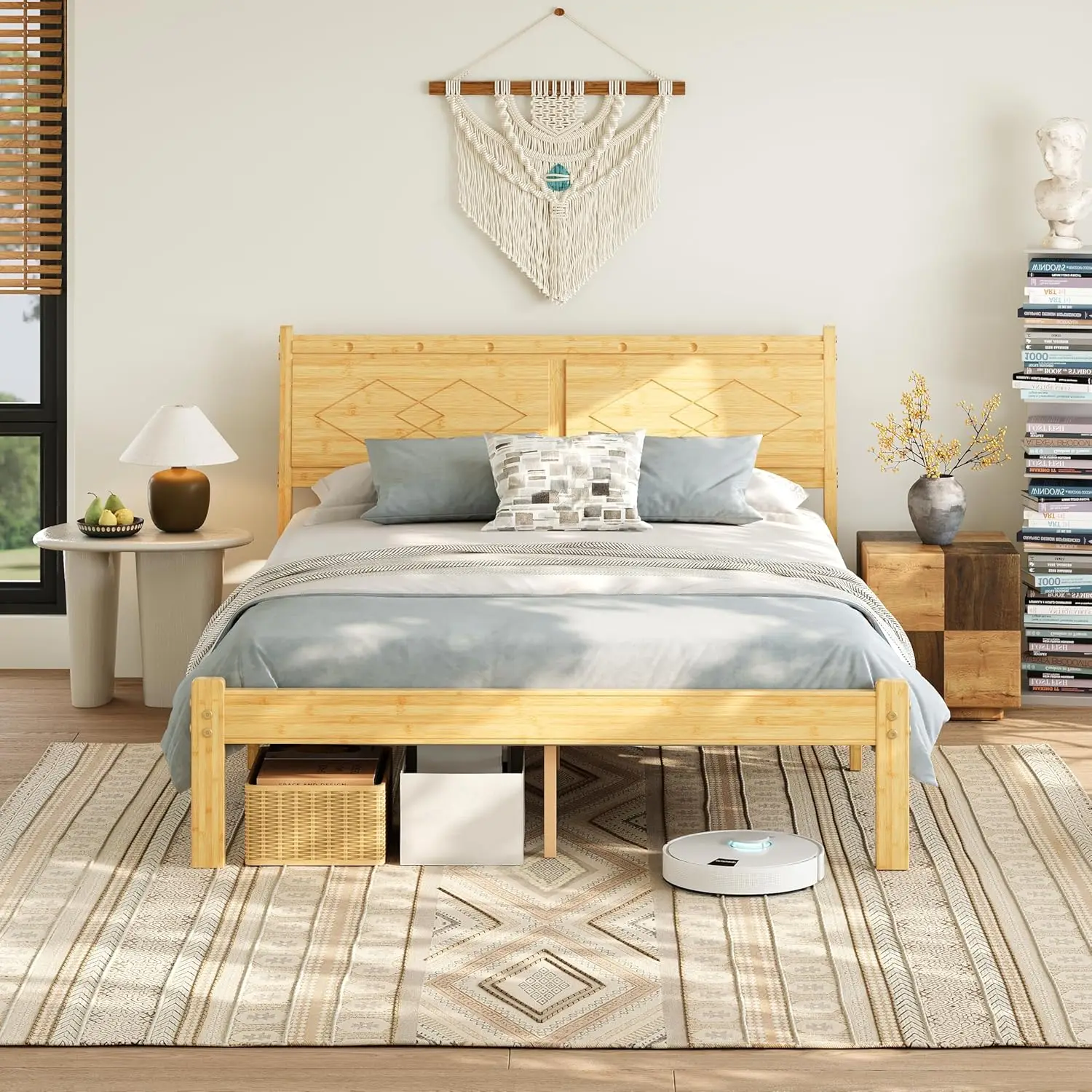 Bamboo Full Platform Bed Frame with Tall Headboard & Metal Slats, No Box Spring, Easy Assembly, 14 Inch, Customized