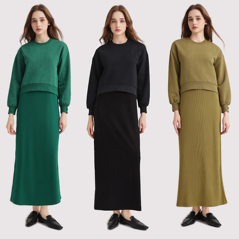 

AA AW25 Autumn And Winter Elegance Ribbed Dress + Asymmetrical Sweater Top Match Set Maxi Length Woman Clothes