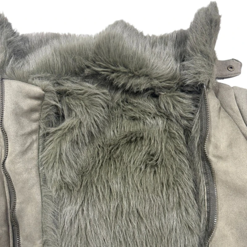 Gekerbter Kragen, Kunstpelzjacke, Wildleder, Reißverschluss, grün, kurzer Plüschmantel, warm, dick, Kunstfuchskragen, pelzige Jacken, flauschiger Straßenluxus