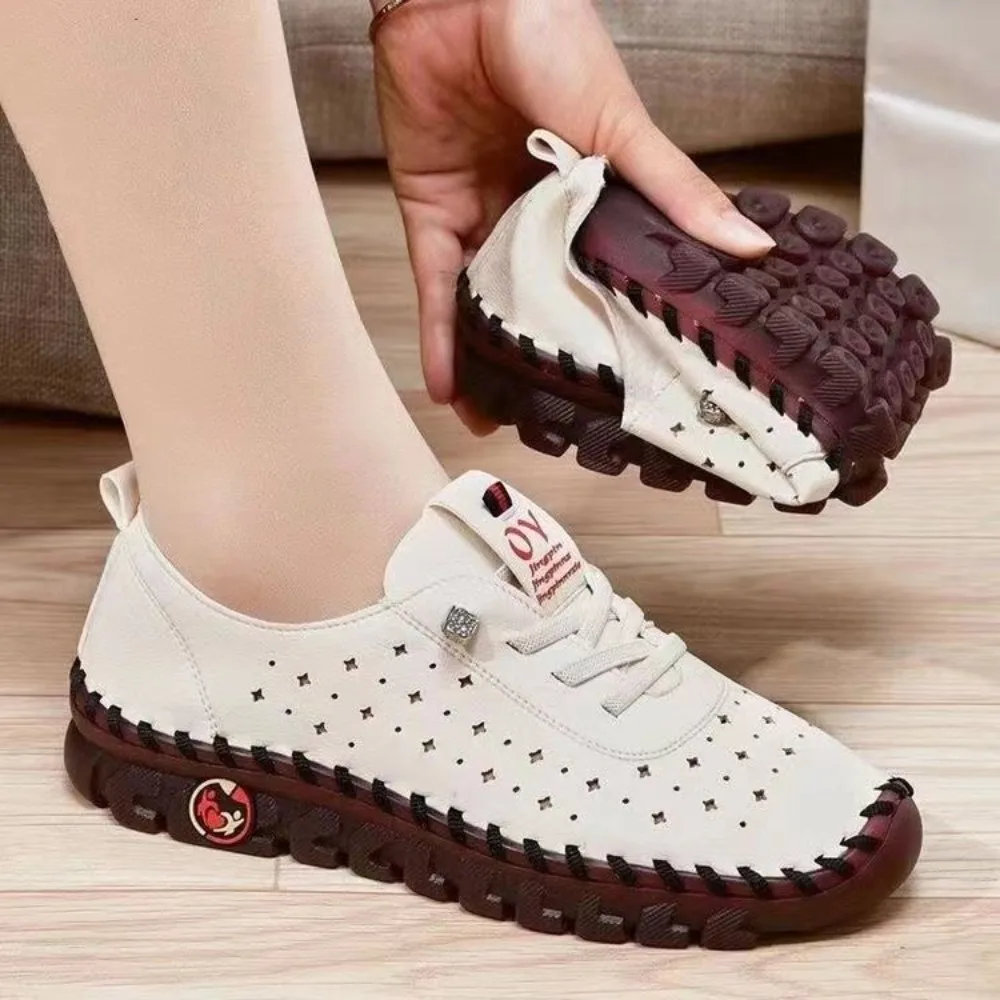 Weiche perforierte Leder-Loafer für Damen, atmungsaktive, ausgeschnittene Gummisohle, rutschfeste Fußgewölbestütze, leichte flache Schuhe für den Außenbereich – Detail 6