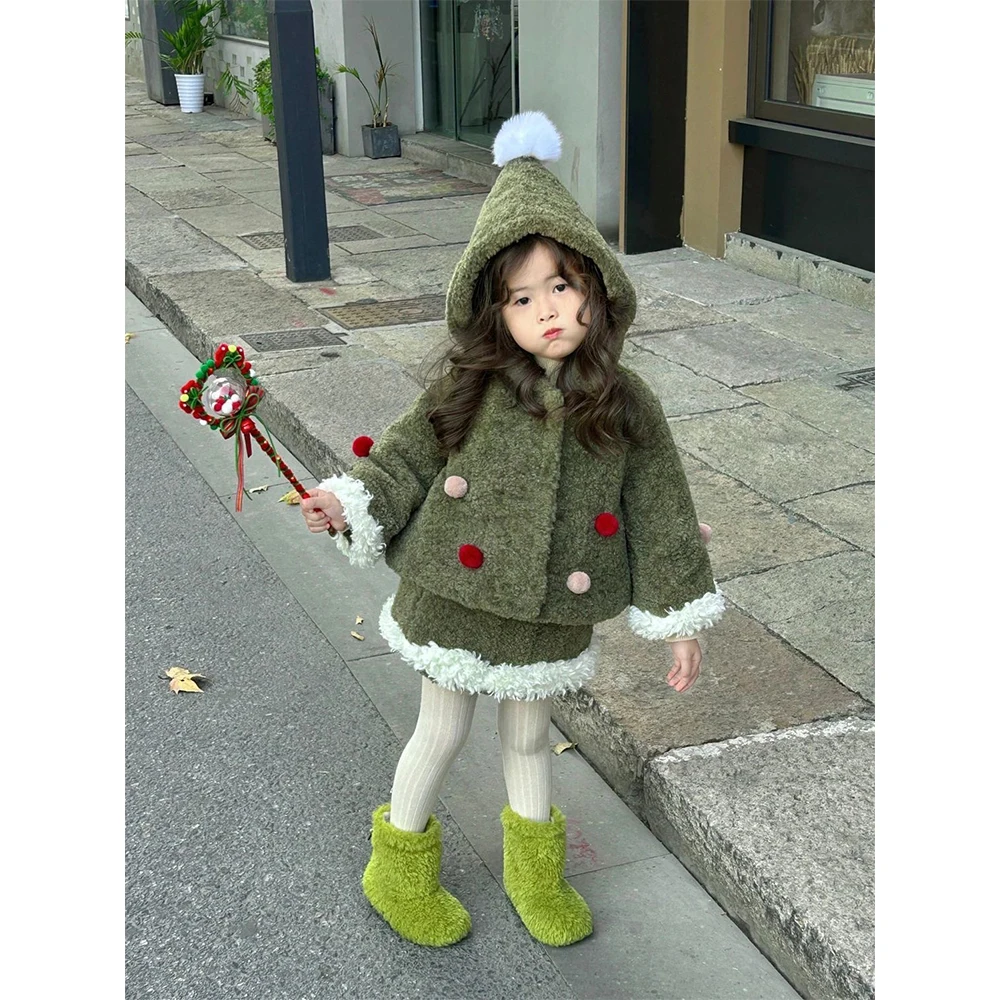 

Kids Girls Cute Quilted Sets Hairballs Hooded Long Sleeve Coat+High Waist A-line Lamb Fleece Hem Half Skirt 2pcs Girls Christmas