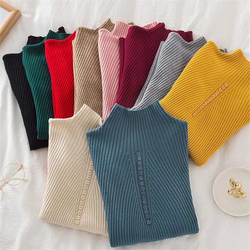 

Women Turtleneck Pullovers Autumn Winter Jumper Knitted Basic Top Fashion Solid Color with Button Long Sleeve Ladies Sweater