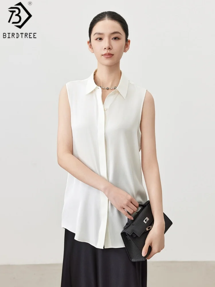 Birdtree, 90% Real Silk 10% Spandex Blouse, Lapel Solid Chic Tops, Women's Sleeveless Casual Shirt, 2026 Spring New T62222JF