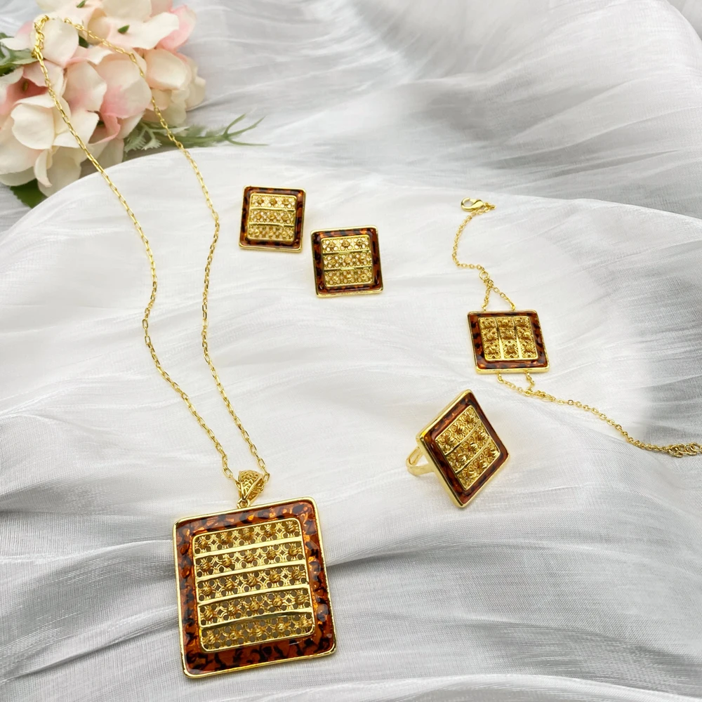 

Flora 4-Piece Retro square Copper Plated Jewelry Set, for Women Weddings Parties, Anniversary Birthday Gift for Wife Her