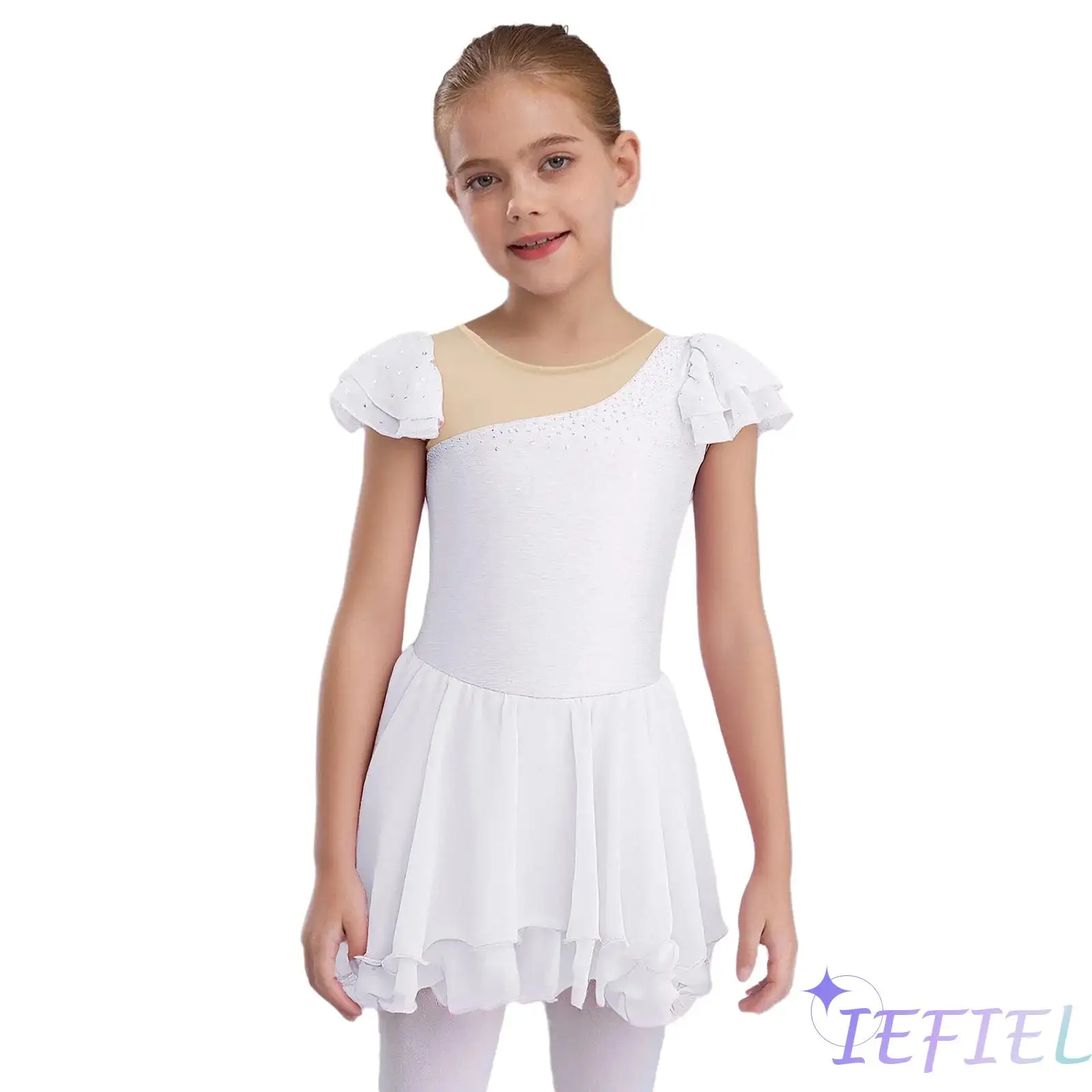 

Kids Girls Ballet Dance Dress Ruffle Sleeves Sheer Mesh Patchwork Lettuce Hem Shiny Rhinestones Tutu Dress Ballerina Dancewear
