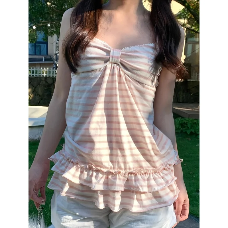 Girly Striped A-Line Bust Bow Ruffle Lettuce Trim Fashion Backless Women'S Cami Top