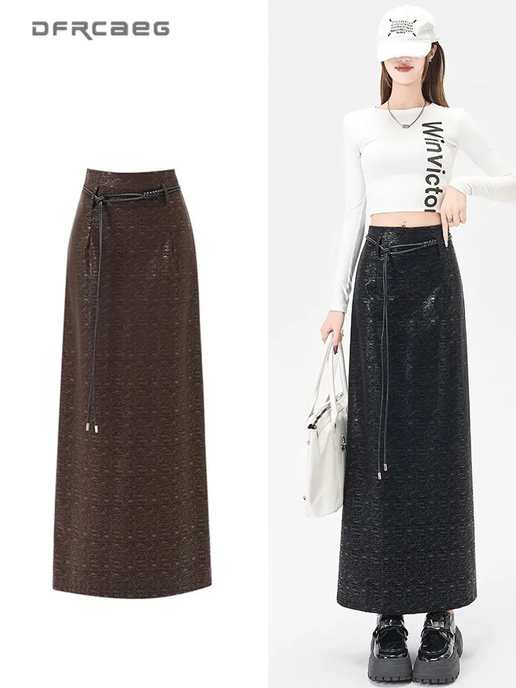 

Винтажная яркая юбка из искусственной кожи с высокой талией для женщин, осень-зима, сексуальная прямая юбка с открытым разрезом, длинная женская юбка