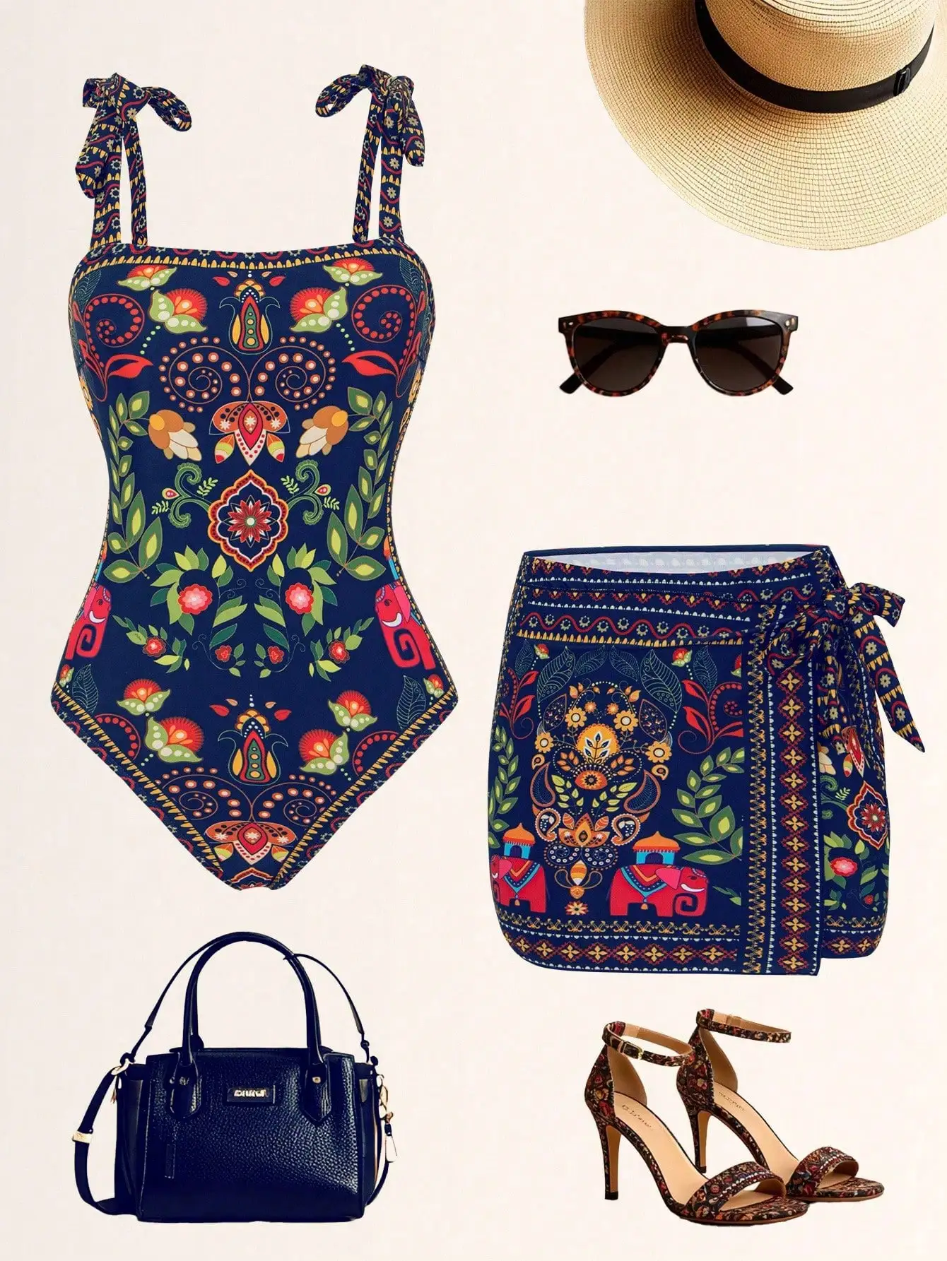 

Two-Piece Boho Print Swimwear Set With Adjustable Tie Straps And Matching Wrap Skirt For Summer