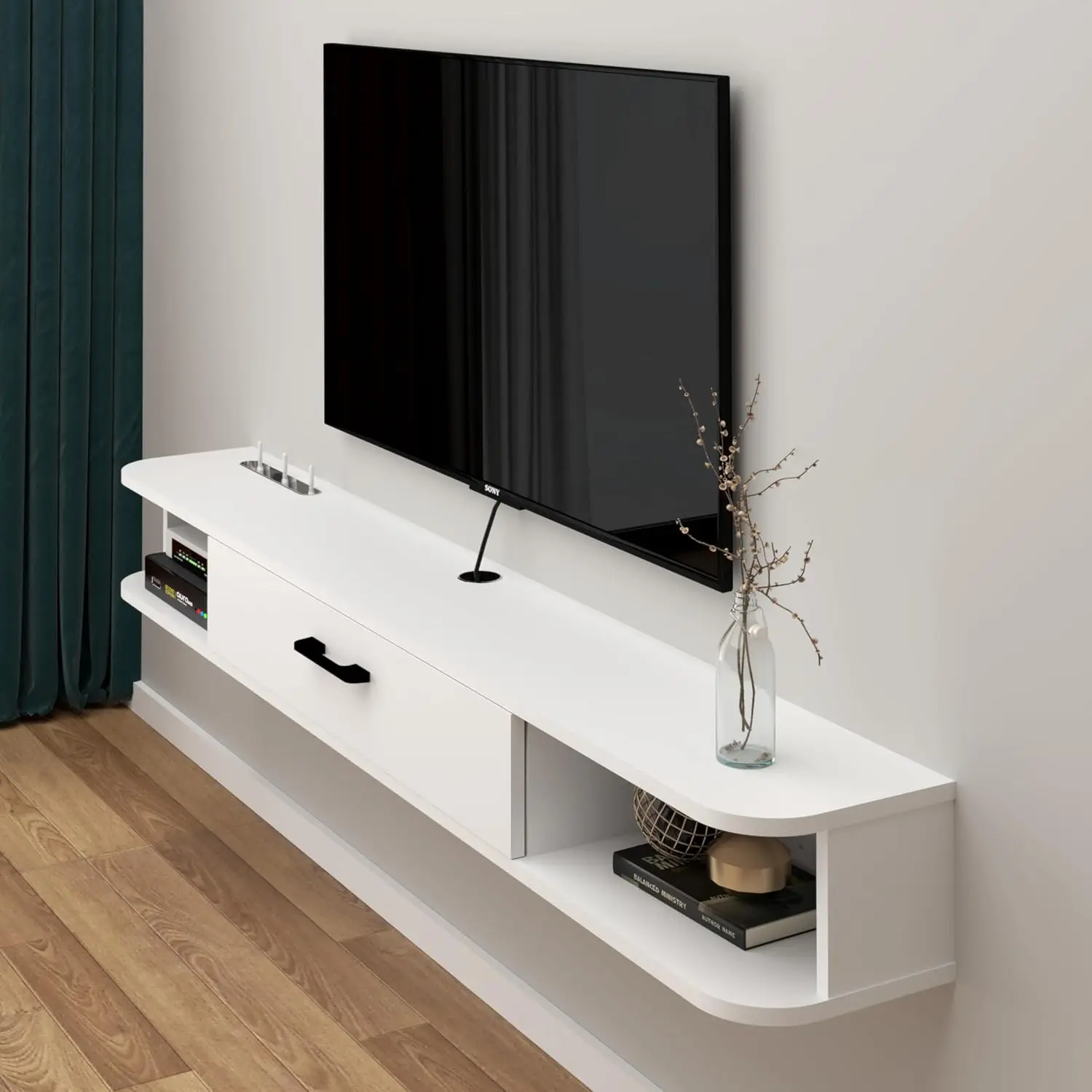 Floating TV Unit, 55'' Wall Mounted TV Cabinet, Floating Shelves with Door, Modern Entertainment Media Console Center Large Stor