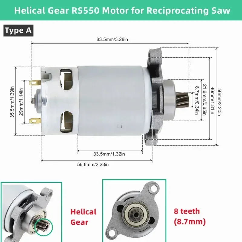 8 Teeth RS550 DC Motor Power Reciprocating Saw Motor Helical Teeth /Conical Teeth Gear Electric Mini Motor for Electric Saw