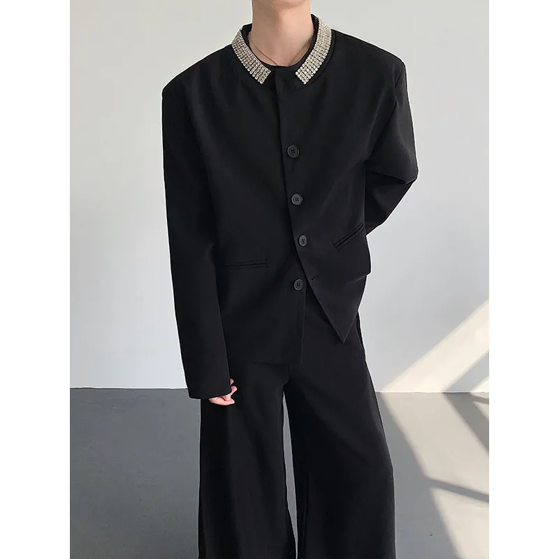 Korean High-End Diamond-Embedded Heavyweight Jacket Men's Shoulder Pad round Neck Suit Coat Year Meeting Atmosphere Top