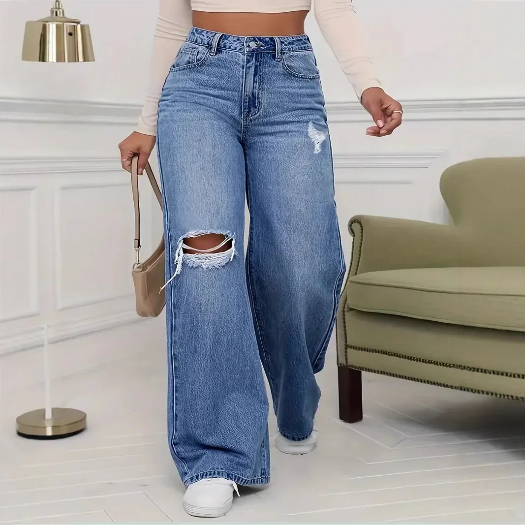 

Hole Jeans Women Denim Wide Leg Pants Vintage Distressed Ripped Trousers 2026 Streetwear High Waist Washed Pockets Floor Length