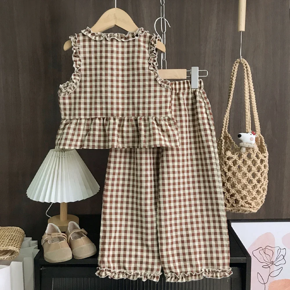Freizeitanzug für Mädchen und Teenager im Alter von 2-10 Jahren mit kariertem Spitzenoberteil und Hose, zweiteiliges Set, koreanische Version – Detail 3