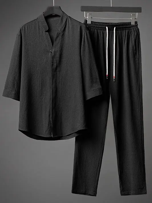 Casual suit summer large size loose medium sleeve T-shirt cotton and linen