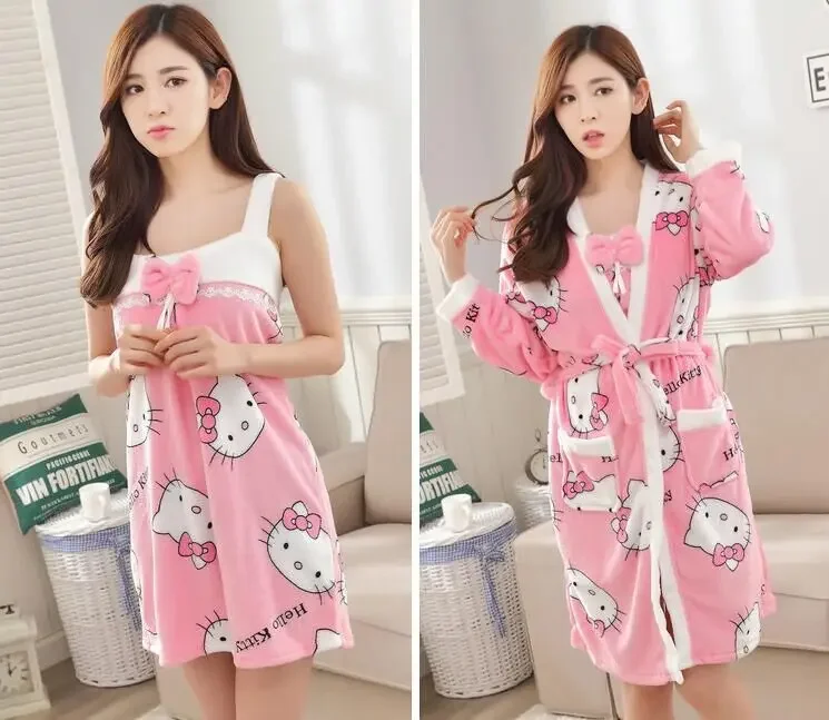 Cartoon women nightgown hello kitty lady cute pajamas coral velvet children adult nightgown female bathrobe