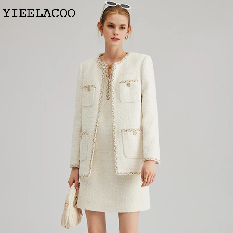 

Beige Women's Set Classic Professional New Spring / Autumn Ladies Tweed Jacket+Dress sleeveless Suit fashion 2-Piece Set