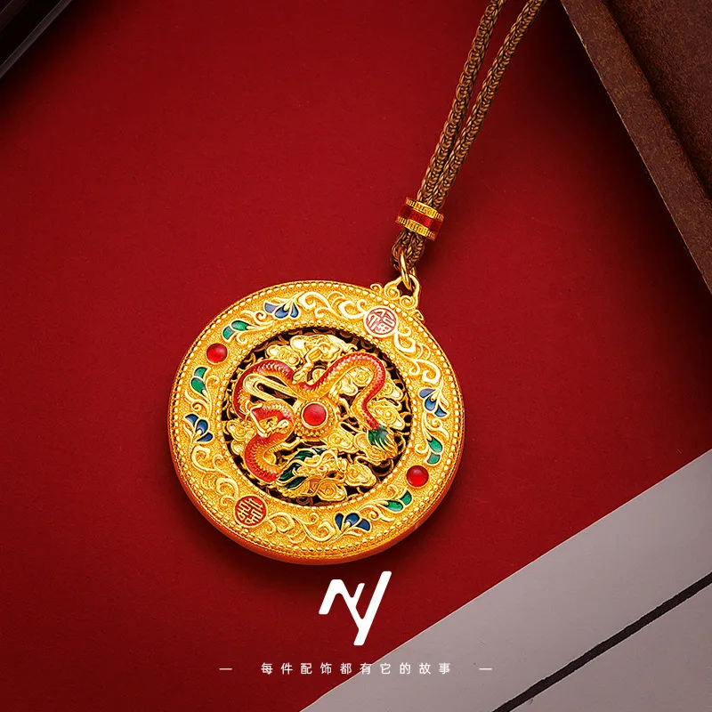 

9999 24K real gold style national style same style enamel rotating dragon pendant for men and women diy braided rope necklace