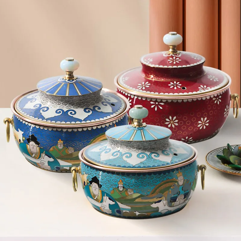 Cloisonne Copper Hot Pot,Pure Copper Induction Cooker Small Hot pots,Single Fire Boiler Shabu Pots for Cooking Chafing Dish