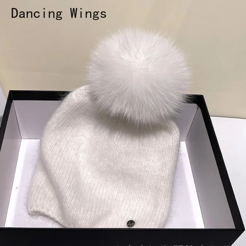 Solid Winter Female Real Fur Cap Pom Poms Winter Hat For Women Girls Hats Knitted Thick Lady Beanies Skullies