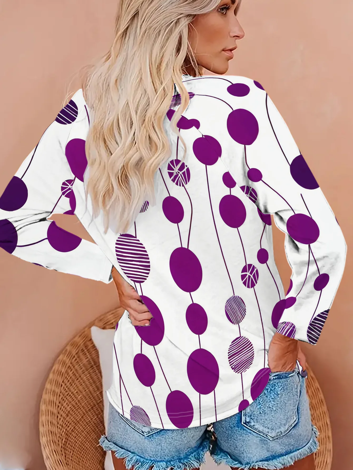 Women Round Neck Long Sleeve T‑shirt Purple Polka Dots Geometric Print Holiday Tee Top Casual Daily Autumn Wear Women's Clothes - view 2