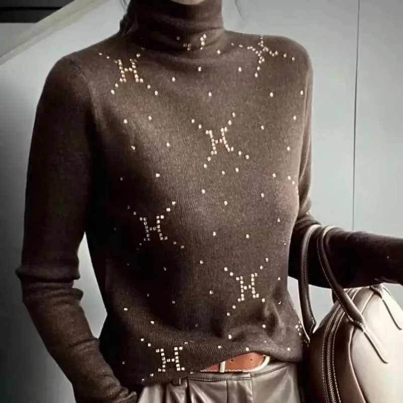 

Минималистичный свитер с воротником-стойкой для женщин, осенне-зимний, новый повседневный стиль, облегающий, с горячим тиснением, нижняя рубашка