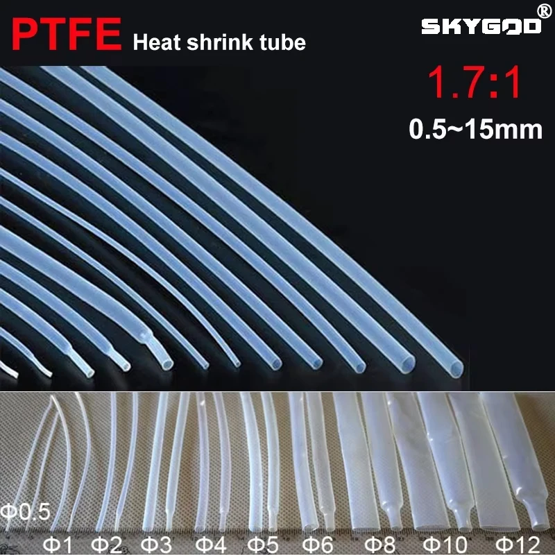 1/10/50m PTFE Heat Shrink Tube Transparent Diameter 0.5mm ~ 12mm 1.7:1 Shrinkage Ratio 260Deg.C 600V RoHS High Temperature Pipe