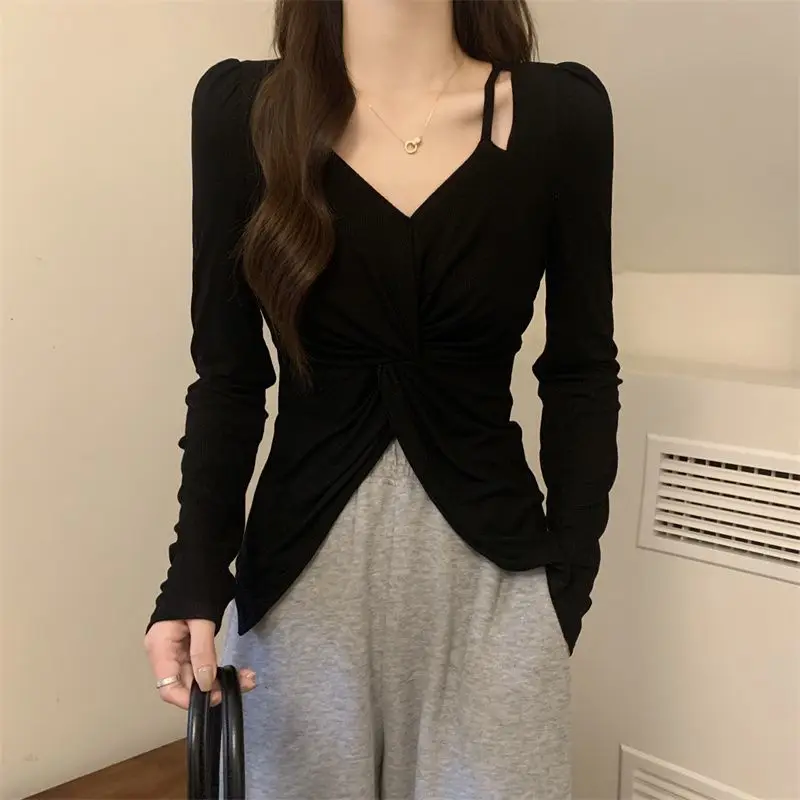 

Stylish Folds Slim T-shirt Female Clothing Commute V-Neck Spring Autumn New Solid Color Split Casual Basic Long Sleeve Pullovers