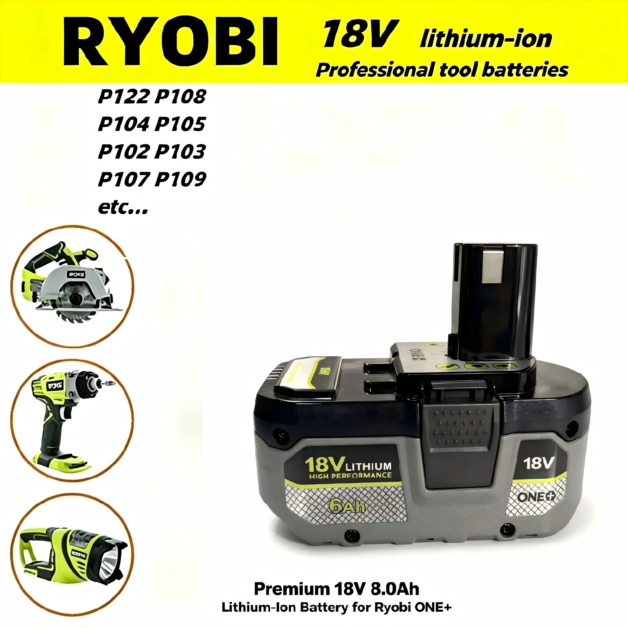 

Genuine High Capacity 18V Li-ion Replacement Battery Universal RYOBI ONE+ P107 P108 RB18L20 No Memory Effect Power Tool Battery