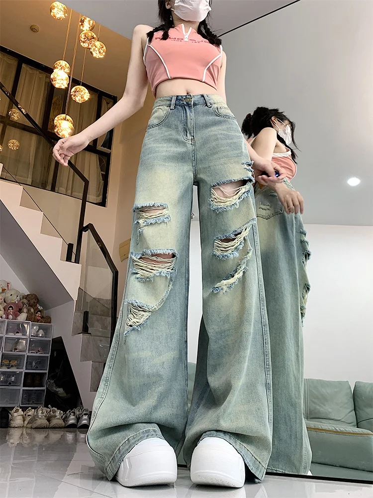 

Американские джинсы с высокой талией и широкими штанинами для женщин, свободный крой, длинные прямые повседневные джинсовые брюки, весна 2025, большие размеры, утягивающие