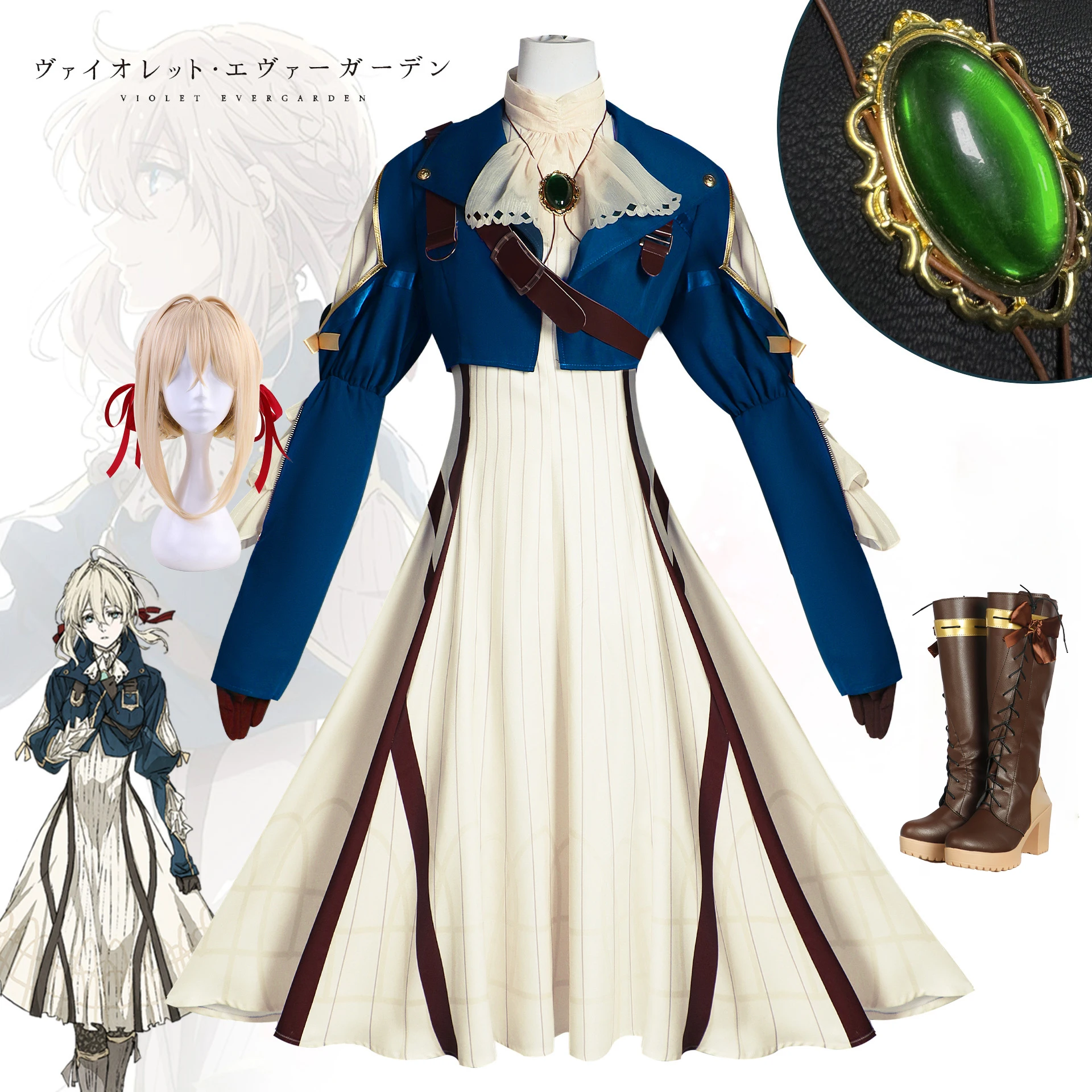 Violet Evergarden Cosplay Costume para Mulheres, Anime, Peruca, Sapatos, Halloween