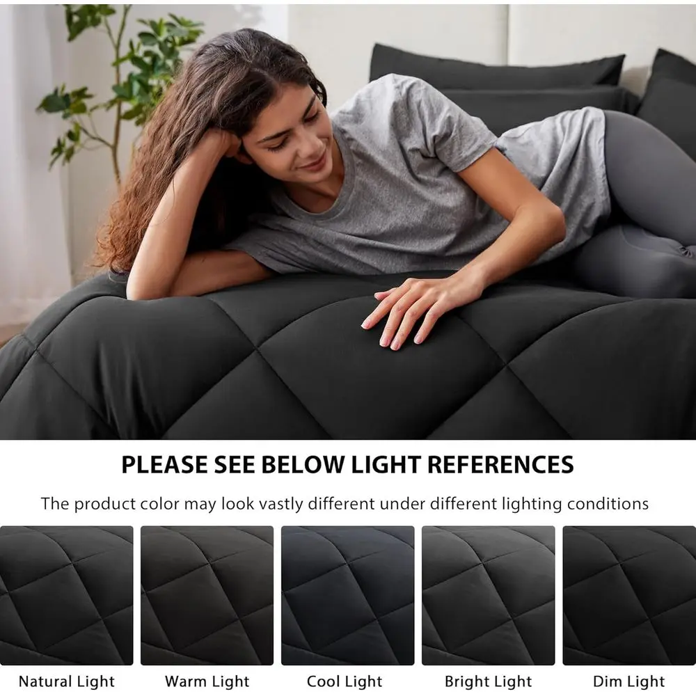 طقم مفروشات كينج كاليفورنيا باللون الأسود مكون من 7 قطع لجميع المواسم: لحاف، ملاءة مسطحة، ملاءة جاهزة، 2 كيس وسادة، 2 غطاء #5