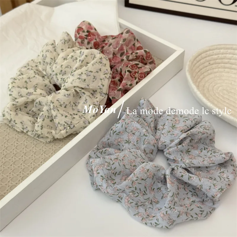 لطيف الأزهار الشيفون النسيج الأمعاء الغليظة الشعر حلقة ذيل حصان حامل الشعر حبل الراقية عقال موضة إكسسوارات الشعر #3