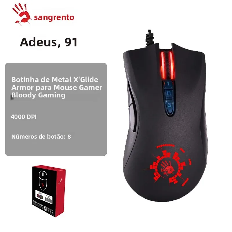 Mouse para jogos A4TECH Bloody A91, 4000 DPI, clique de arrasto, 1000 HZ, 6666 FPS, 8 botões, bota de armadura X' Glide de metal, mais de 20 milhões d