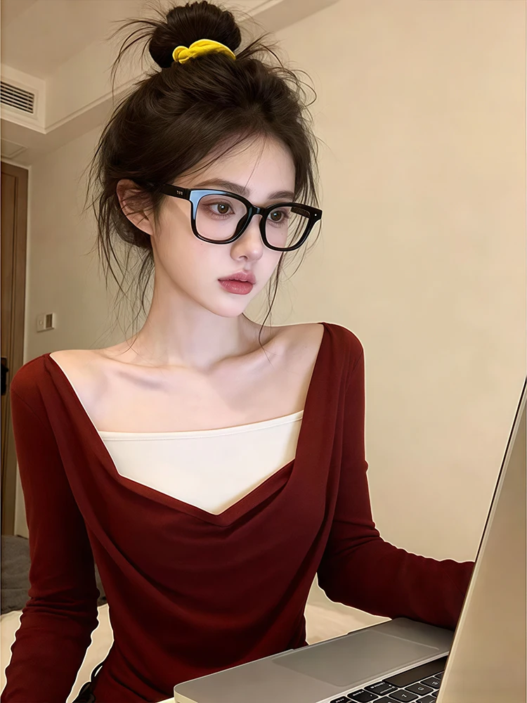 

Красная американская женская футболка с длинным рукавом, весна 2026, базовая модель, с декором из бусин, приталенная, классическая, для повседневной носки