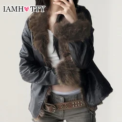 IAMHOTTY Faux Fur Patchwork Pu Leather Jacket Luxurious Furry Collar Warm Down Coats Winter Chic V-neck Cardigan Thick Outerwear