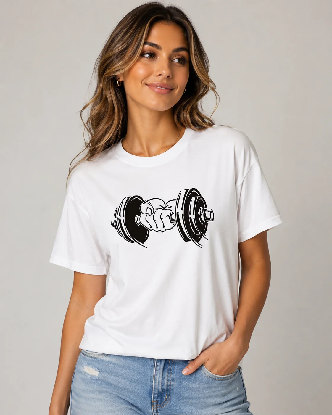 Ladies Fashion Printed Dumbbell Power Powder Hot Warrior Pattern T-shirt Fashion Casual Shirt Round Neck Short Sleeve