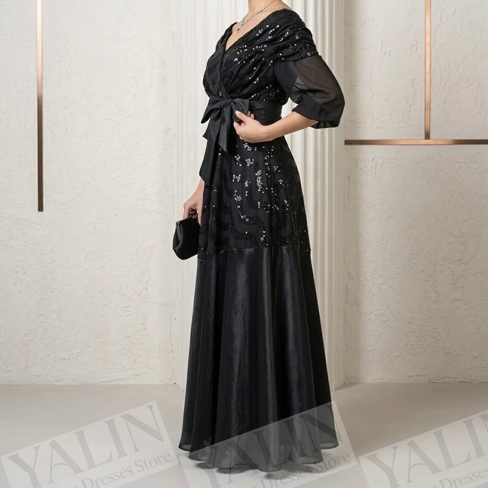 

Women's A-line Evening Dresses Ankle-length Off The Shoulder Three Quarter Sleeve Prom Gown Fashion Sequined Bow Customized Gown