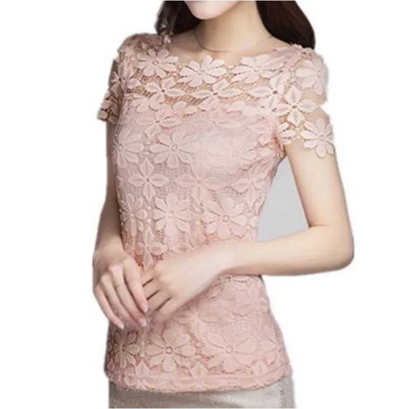 Summer women\'s sexy floral lace slim-fit shirt shirt ladies elegant casual short-sleeved T-shirt top