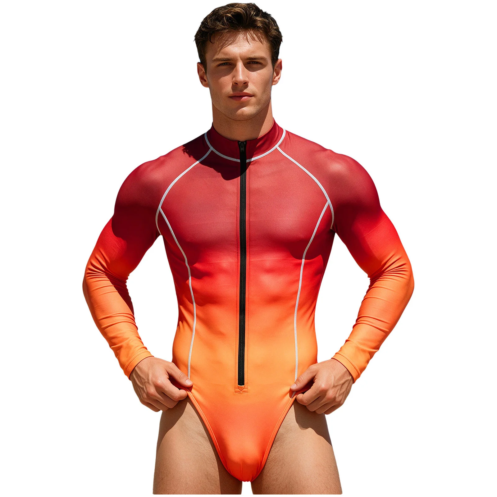 Badebekleidung für Herren, UPF50+, Farbverlauf, einteiliger Rashguard, Reißverschluss, kurzärmeliger Body, Surf-Badeanzug, schnell trocknender Neoprenanzug, Badeanzug – Detail 20