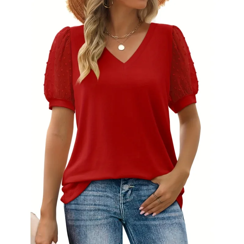 Grande taille 1XL-5XL nouveau femmes décontracté manches à bulles T-Shirt col en v à manches courtes femmes haut multicolore décontracté femmes Blouse