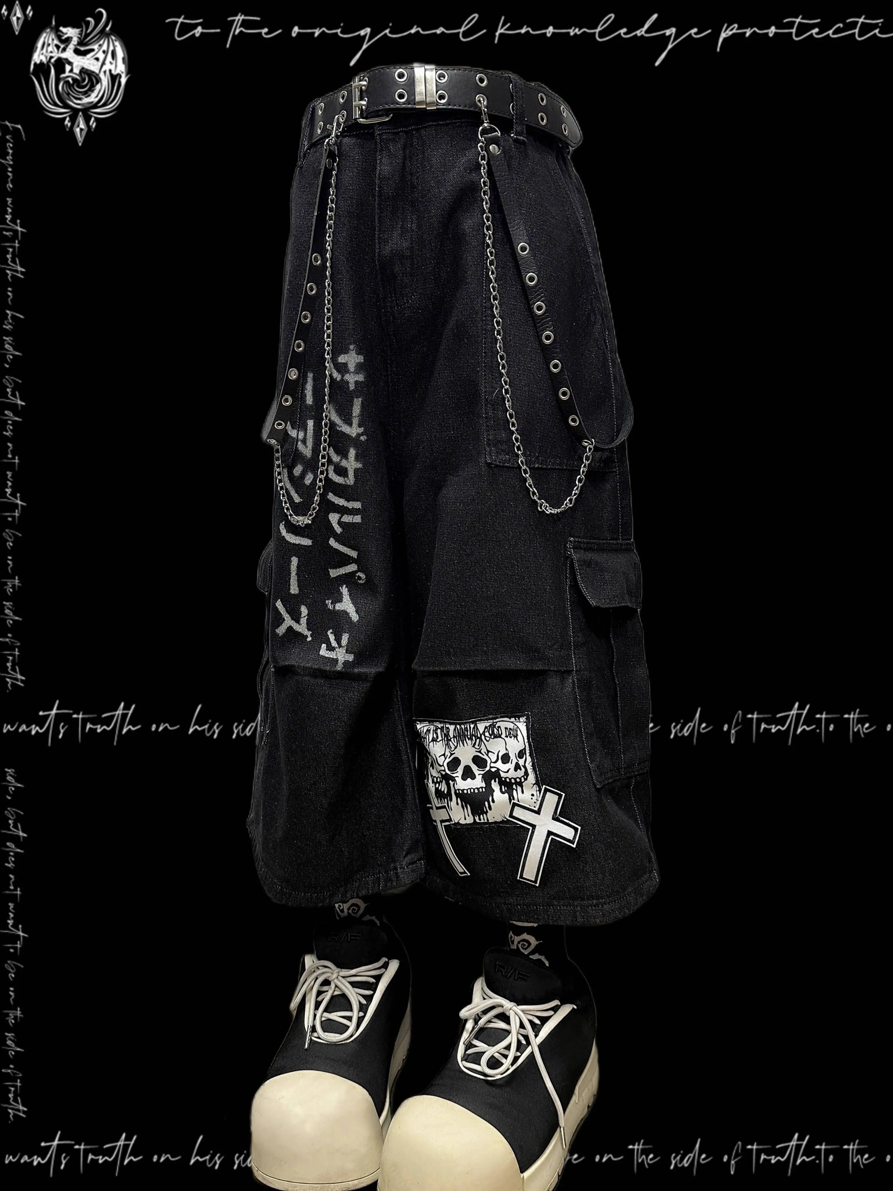 

Gothic Jeans Wide Leg Ruched Denim Shorts Unisex Summer Street Punk Cargo 7 8 Micro Asian Niche Applique Design