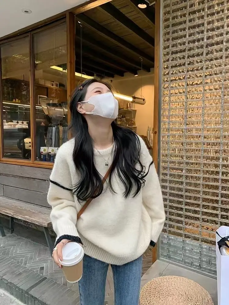 

Korean Fashion Pullover Sweater Women Autumn Winter Pull Femme Gentle Crew Neck Knitted Top Simple Casual Pulls