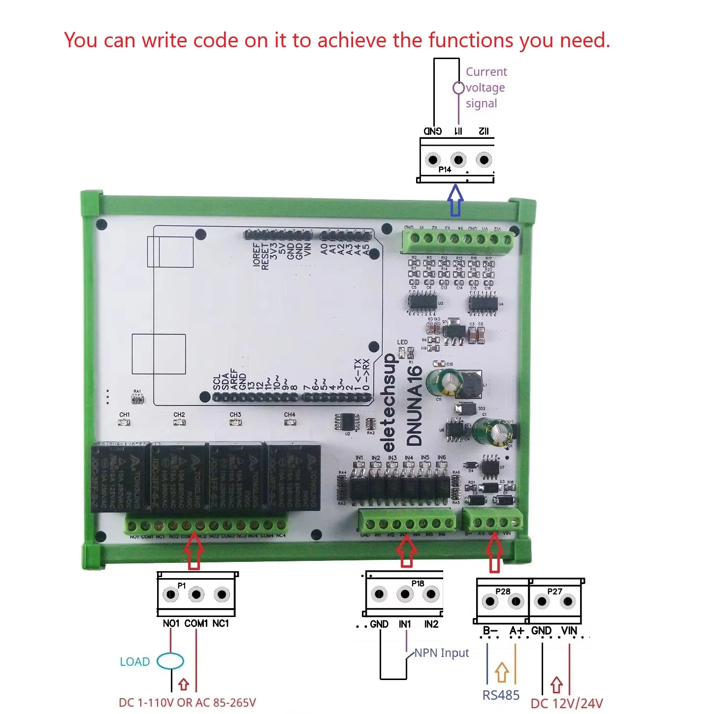 DIN Rail PLC Expansion Board for Arduino UNO R3 4CH Relay RS485 Modbus 4-20mA 0-10V Analog Digital I/O Solar Controller  Module