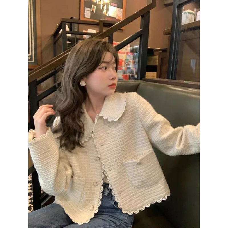 Abrigo corto con cuello de muñeca suave y manga larga con bolsillo y botones de Color liso, Top de estilo coreano para mujer