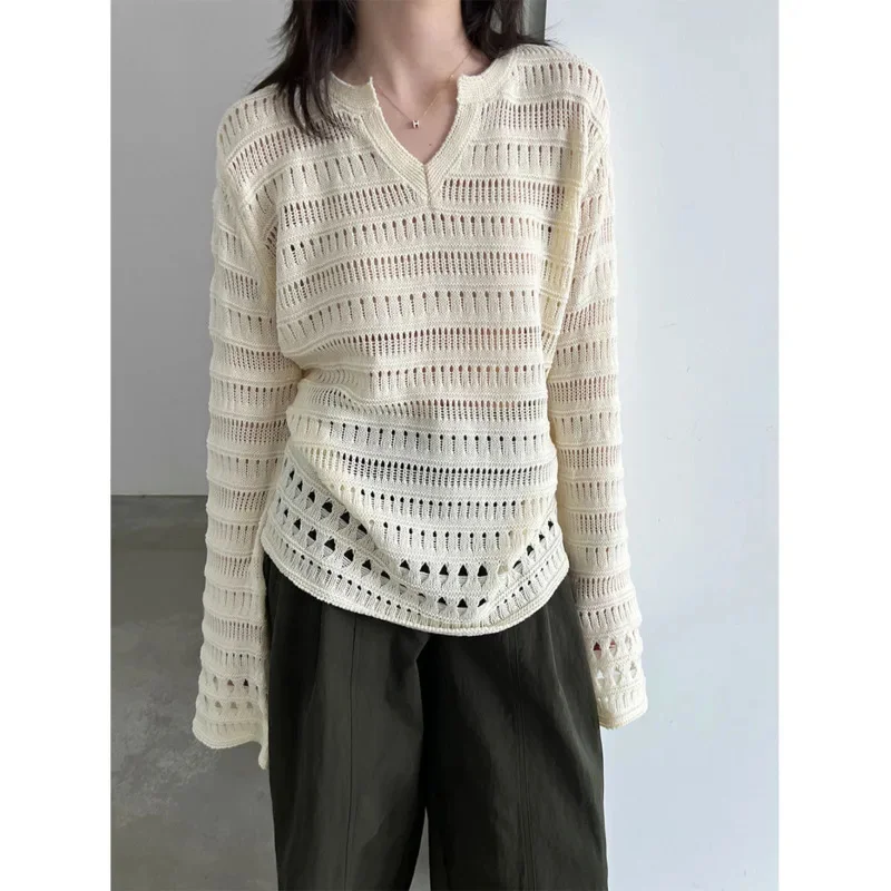 Women Openwork Knit Sweater V Neck Bell Sleeve Loose Pullover Korean Autumn Long Sleeve Knitwear Ivory